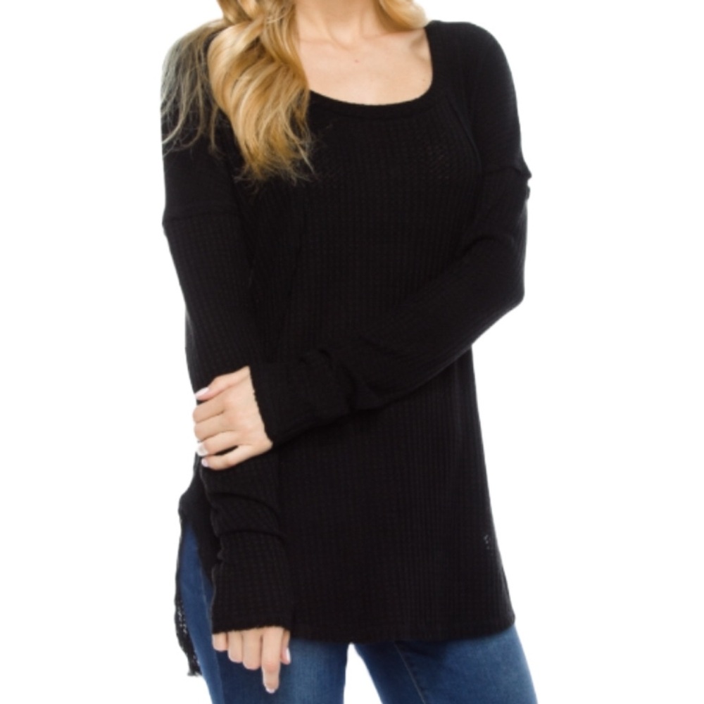 Black Waffle Knit Top